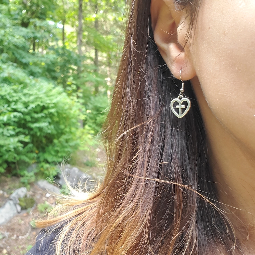 New Handmade Dainty Silver Cross Heart Earrings - Picture 6 of 15